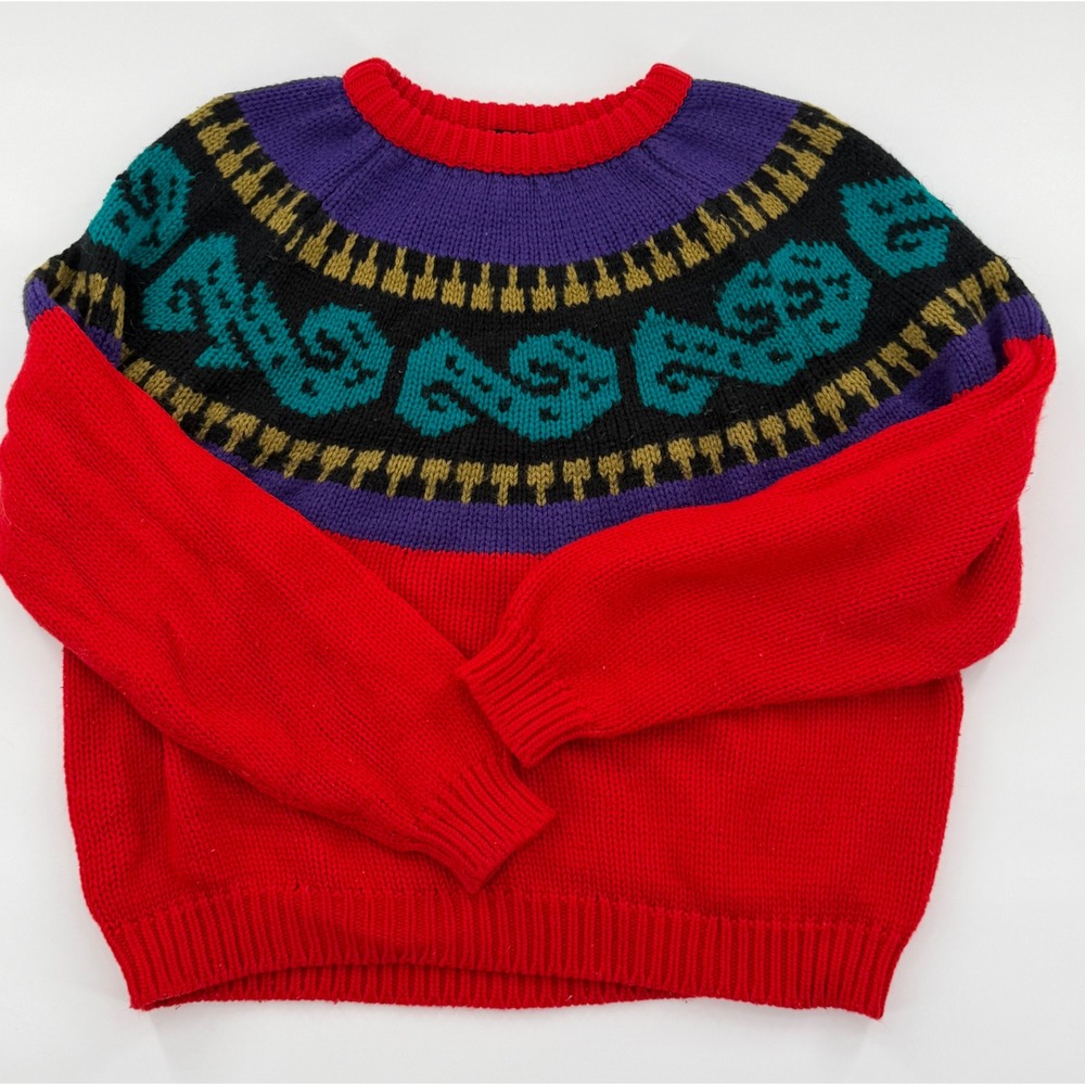 Vintage Pasta Red Knit Fair Isle Sweater Geometric Retro 80s 90s Small